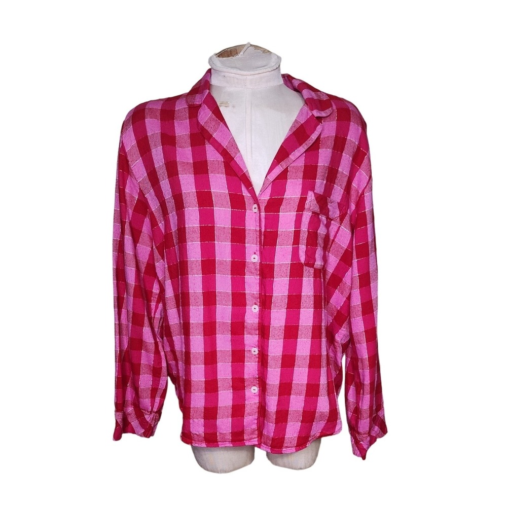 Victoria Secret Pink Metallic checkered pajama top Button Up Sleepwear Medium
